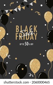 festive vector background with gold balloons and confetti for Black Friday banners, cards, flyers, social media wallpapers, etc.