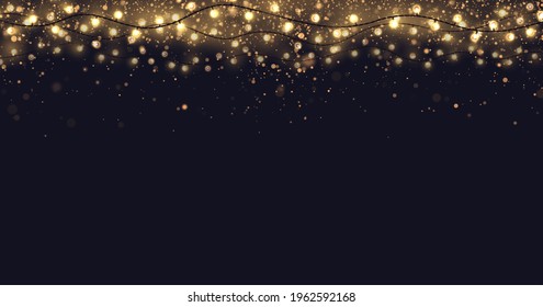 Festive vector background with gold glitter and confetti for christmas celebration. Dark background with glowing golden particles and light bulbs garlands.