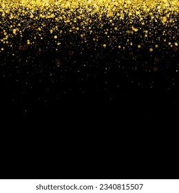 Fondo vectorial festivo con brillo dorado y confeti para la celebración navideña. Fondo negro con partículas doradas brillantes.