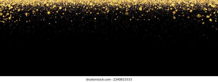 Festive vector background with gold glitter and confetti for christmas celebration. Black background with glowing golden particles.