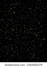 Festive vector background with gold glitter and confetti for christmas celebration. Black background with glowing golden particles.