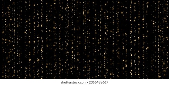 Festive vector background with gold glitter and confetti for Christmas celebration. Black background with glowing golden particles.