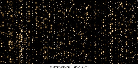 Festive vector background with gold glitter and confetti for Christmas celebration. Black background with glowing golden particles.