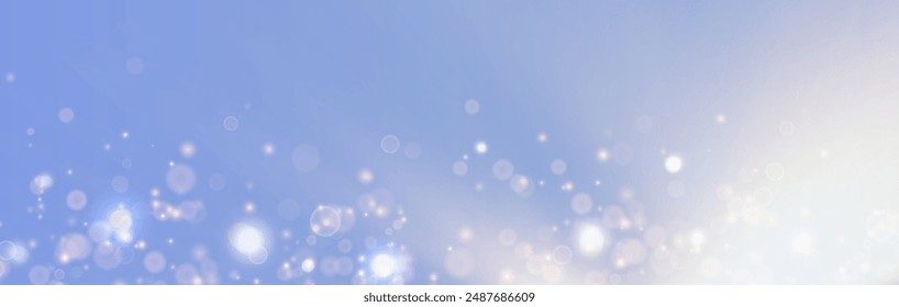 Fondo de Vector festivo para vacaciones, presentaciones, cubiertas, diseño de vacaciones. Efecto de cuento de hadas de luz brillante bokeh volando suavemente sobre un suave fondo azul bañado en los rayos del sol cálido.