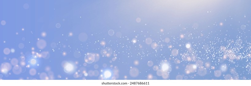 Festive vector background for holidays, presentations, covers, holiday design. Fairy-tale effect of shining light bokeh gently flying on a gentle blue background bathed in the rays of the warm sun.