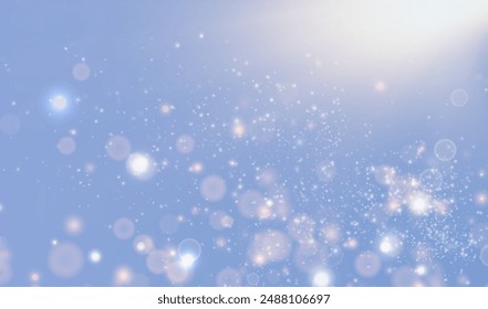 Festive vector background for holidays, presentations, covers, holiday design. Fairy-tale effect of shining light bokeh gently flying on a gentle blue background bathed in the rays of the warm sun.