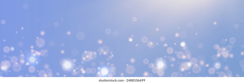 Fondo de Vector festivo para vacaciones, presentaciones, cubiertas, diseño de vacaciones. Efecto de cuento de hadas de luz brillante bokeh volando suavemente sobre un suave fondo azul bañado en los rayos del sol cálido.