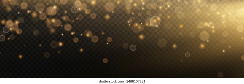 Fondo de Vector festivo para vacaciones, presentaciones, cubiertas, diseño de vacaciones. Efecto de cuento de hadas de luz brillante bokeh volando suavemente sobre un fondo negro suave bañado en los rayos del sol cálido.