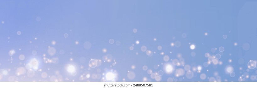 Fondo de Vector festivo para vacaciones, presentaciones, cubiertas, diseño de vacaciones. Efecto de cuento de hadas de luz brillante bokeh volando suavemente sobre un suave fondo azul bañado en los rayos del sol cálido.