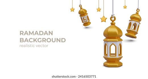 Festive vector background for Ramadan greetings. Golden Arabic lanterns sway in wind
