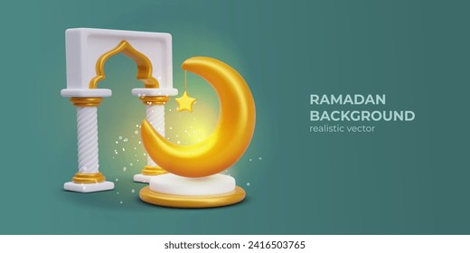 Festive vector background for Ramadan. Horizontal banner with golden crescent, curved arch
