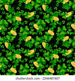 Festive vector background for St. Patrick's Day. Seamless pattern of clover leaves and golden coins. Symbols of one of the main holidays in Ireland. Clipart for wrapping paper, festive background.