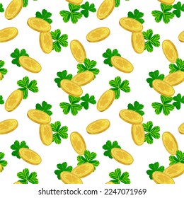 Festive vector background for St. Patrick's Day. Seamless pattern of clover leaves and golden coins. Symbols of one of the main holidays in Ireland. Clipart for wrapping paper, festive background.