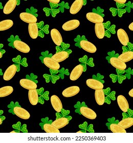 Festive vector background for St. Patrick's Day. Seamless pattern of clover leaves and golden coins. Symbols of one of the main holidays in Ireland. Clipart for wrapping paper, festive background.