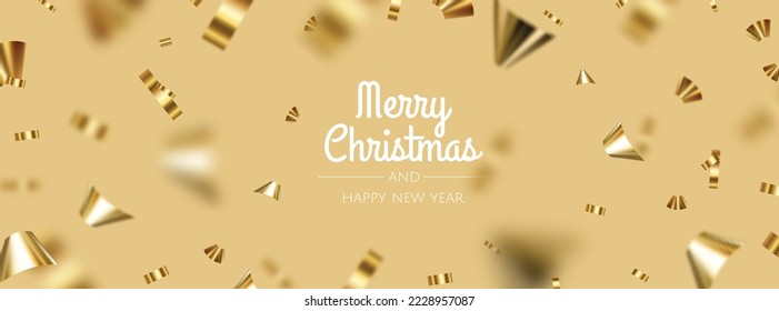 Festive vector banner. Festive background with golden ribbons and confetti, tinsel