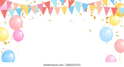 festive vector banner with pastel balloons, confetti and flags for cards, social media, holiday, kids, anniversary