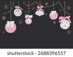 Festive vector banner with pink and white Christmas ornaments, bows and snowflakes on dark background. Represents winter holiday, joy and celebration concept