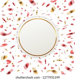 Festive vector banner with red and golden confetti on a white background. Valentine's day greeting card. 