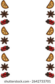 Festive Vector Border Design Featuring Orange Slices, Star Anise, and Cinnamon Sticks Tied with Red Bows, Perfect for Holiday Invitations or Cards.