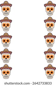 Projeto de borda vetor festivo com dez crânios de açúcar estilizado em sombreros, adornado com laranja vibrante e decorações de olhos florais amarelos, perfeito para as celebrações do Dia dos Mortos ou...