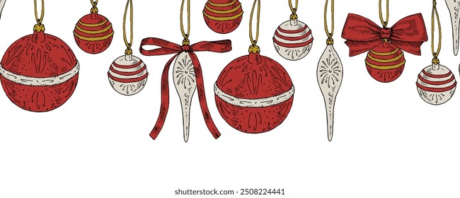 A festive vector border with hand-drawn Christmas balls in a seamless pattern. The vintage-style illustration captures the joyful spirit of the holiday season, perfect for seasonal decorations