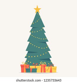 Festive vector cartoon decorated Christmas tree with gifts. Christmas tree decorated with yellow garland. Vector illustration isolated on white background in a flat style