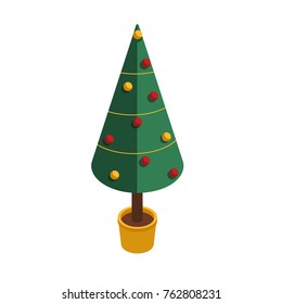 Festive vector cartoon decorated Christmas tree in a pot. Christmas tree decorated with round red and yellow balls and garland. Vector illustration isolated on white background in isometric