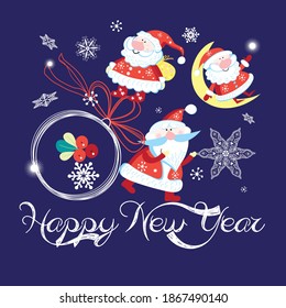 Festive vector Christmas card with Santa Claus on a blue background with snowflakes