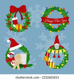 Festive vector Christmas wreaths. Decor for the holiday. Spruce wreaths with decor.