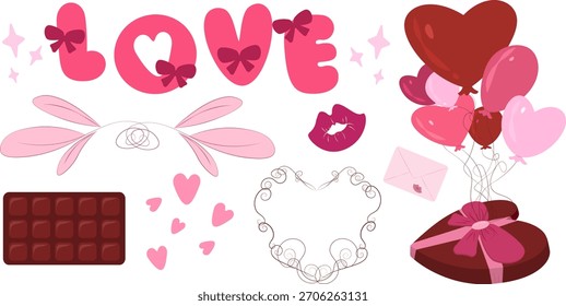 Conjunto de arte de Clip de Vector festivo de Elementos románticos que incluyen la palabra AMOR, chocolate, corazones, globos en forma de corazón y florituras decorativas, perfecto para diseños personalizados de San Valentín o bodas.