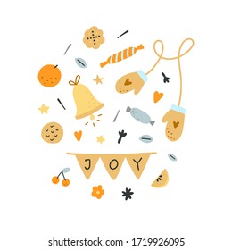 Festive vector clipart isolated on white background. Cute hygge elements and Christmas decorations