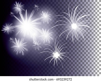 Festive vector color firework salute burst in black night background. Magic lights effects. Shimmering Stars. Neon glow, sparkle, glitter, splash. Vector abstract background.