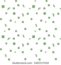 Festive vector design. Festive background. Cheerful illustration with randomly scattered green squares, circles, balls, curve on a white background. Seamless, artistic.