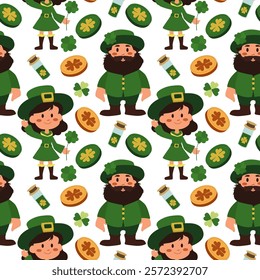 Festive vector design featuring cheerful characters and symbols of St. Patrick's Day celebration with green tones and festive elements. Seamless vector pattern