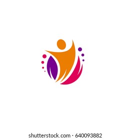 Festive vector dynamic logo. Colorful abstract form with a people, leaf and circles. Cheerful and entertaining illustration with the image of a leader and a happy person