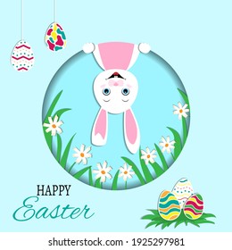 Festive vector Easter card with cute bunny and painted eggs. Paper style. Place for text