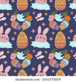 Festive vector Eastern background with a pattern of Easter eggs, flowers, and rabbits. 