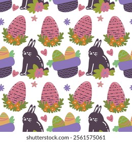 Festive vector Eastern background with a pattern of Easter eggs, flowers, and rabbits. 