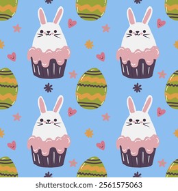 Festive vector Eastern background with a pattern of Easter eggs, flowers, and rabbits. 