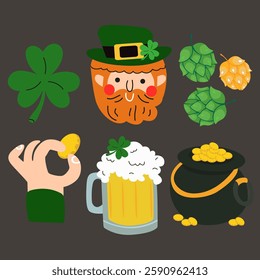 Festive vector element set for St. Patrick's Day. Ireland holiday and lucky symbols. Cartoon retro stickers for poster, banner, flyer, greeting card. Leprechaun, mug of beer, pot of golden coins, hop