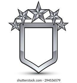 Festive vector emblem with silver outline and five decorative pentagonal stars, 3d royal conceptual design element, clear eps8. Symbolic coat of arms isolated on white background. 