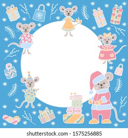 Festive vector frame with hand drawn mice and mouse Santa with presents, 2020, in the winter at Christmas.