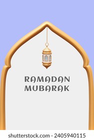 Festive vector frame for Ramadan Kareem. Color vertical card with gold border in shape of Arabic arch. 3D hanging lantern. Place for announcements, invitations, greetings