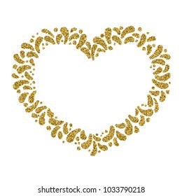 Festive vector frame in the shape of a heart. Framed in the form of gold sparkling splashes or petals of flowers. To create spectacular greeting cards, inscriptions, banners and posters.