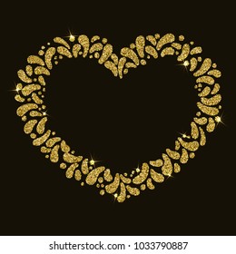 Festive vector frame in the shape of a heart. Framed in the form of gold sparkling splashes or petals of flowers. To create spectacular greeting cards, inscriptions, banners and posters.