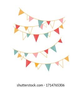 festive vector garlands for a party. Multi-colored flags, decorations for decorating the room. Isolated on a chalk background: green, yellow, red, pink.