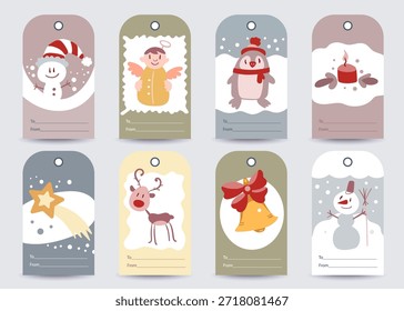 Etiquetas de regalo de Vector festivo con garabatos de Navidades dibujadas a mano. Lindo acogedor y juguetón. Perfecto para etiquetas de embalaje de vacaciones, tarjetas de felicitación de scrapbooking y regalos de marca de temporada.