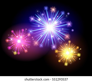 Festive vector golden and color firework salute burst in black night background. Magic lights effects. Shimmering Stars. Neon glow, sparkle, glitter, splash. Vector abstract background.