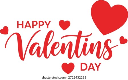 A festive vector graphic celebrating Valentine's Day with red hearts and elegant typography on a white background