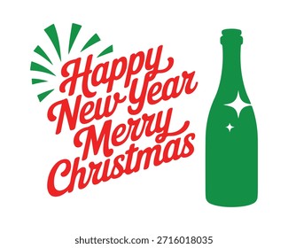 Un gráfico de Vector festivo con una silueta verde de una botella junto a un texto rojo estilizado que desea 'Feliz Año Nuevo, Feliz Navidades'. Ideal para tarjetas de vacaciones, decoraciones y promociones de temporada.